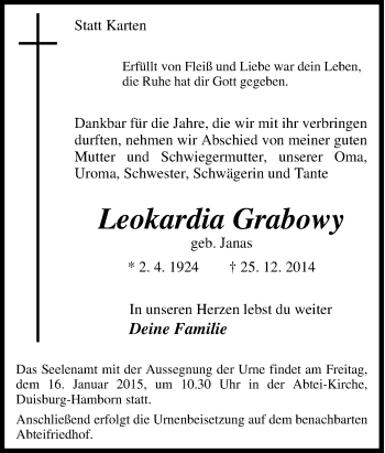 Traueranzeige von Leokardia Grabowy von Tageszeitung