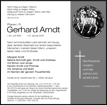 Traueranzeige von Gerhard Arndt von Tageszeitung