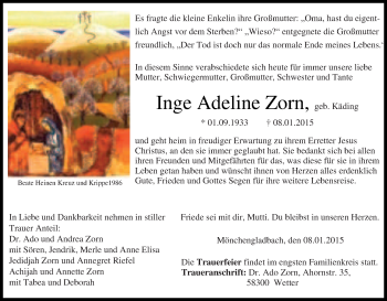 Traueranzeige von Inge Adeline Zorn von Tageszeitung