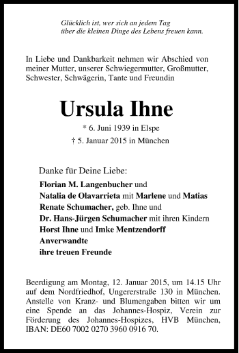 Traueranzeige von Ursula Ihne von Tageszeitung