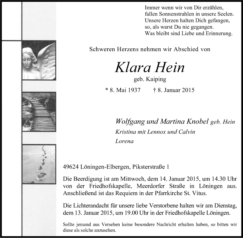  Traueranzeige für Klara Hein vom 10.01.2015 aus Tageszeitung