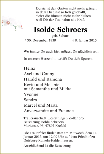 Traueranzeige von Isolde Schroers von Tageszeitung