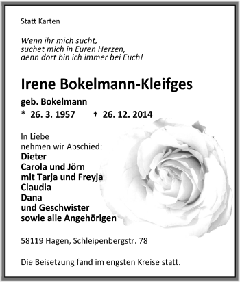 Traueranzeige von Irene Bokelmann-Kleifges von Tageszeitung