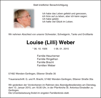 Traueranzeige von Louise Weber von Tageszeitung
