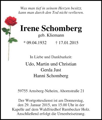 Traueranzeige von Irene Schomberg von Tageszeitung