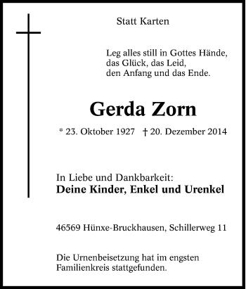 Traueranzeige von Gerda Zorn von Tageszeitung