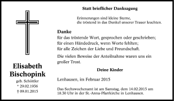 Traueranzeige von Elisabeth Bischopink von Tageszeitung
