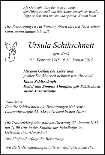Traueranzeige von Ursula Schikschneit von Tageszeitung