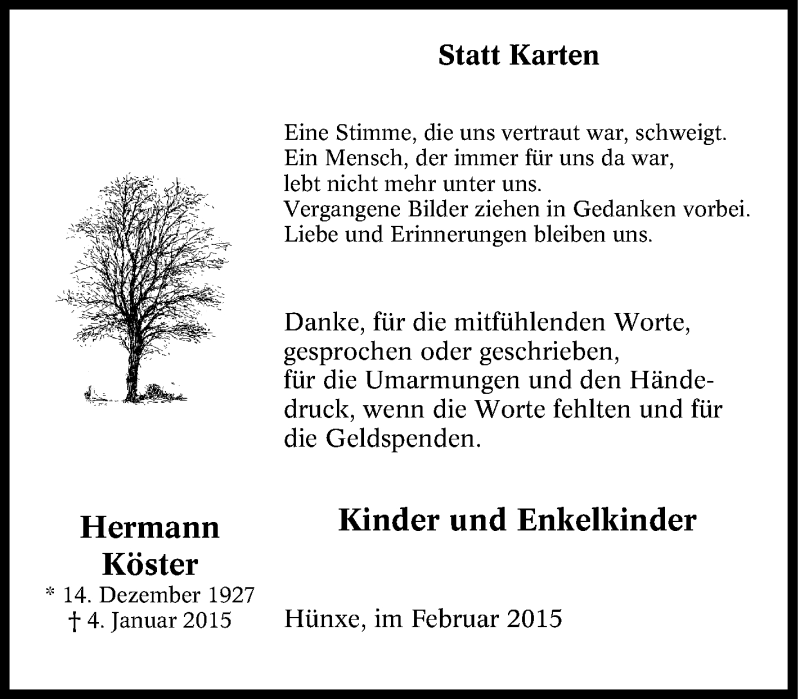  Traueranzeige für Hermann Köster vom 10.01.2015 aus Tageszeitung