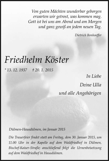 Traueranzeige von Friedhelm Köster von Tageszeitung