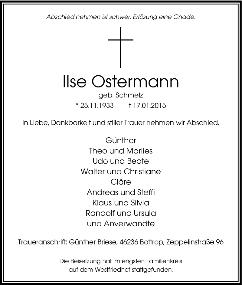 Traueranzeigen Von Ilse Ostermann Trauer In Nrwde 4991