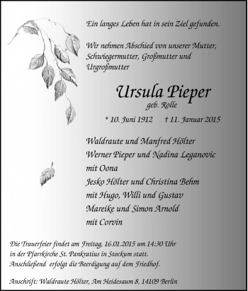 Traueranzeige von Ursula Pieper von Tageszeitung