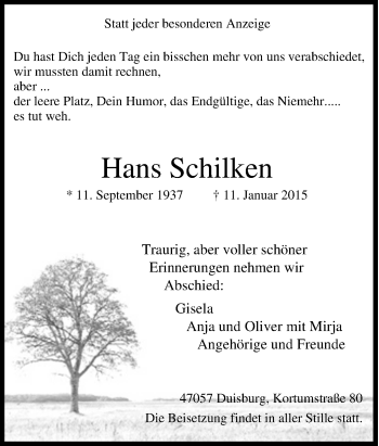 Traueranzeige von Hans Schilken von Tageszeitung