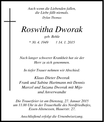 Traueranzeige von Roswitha Dworak von Tageszeitung