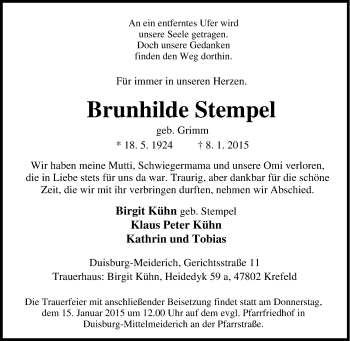 Traueranzeige von Brunhilde Stempel von Tageszeitung