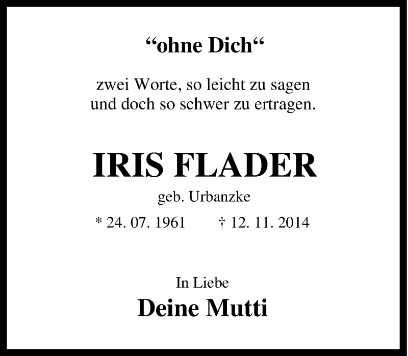  Traueranzeige für Iris Flader vom 21.01.2015 aus Tageszeitung