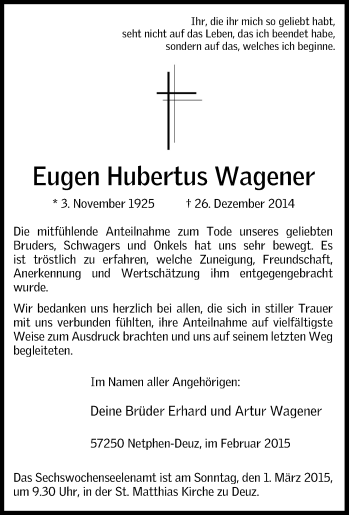 Traueranzeige von Eugen Hubertus Wagener von Tageszeitung
