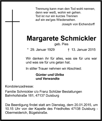 Traueranzeige von Margarete Schmickler von Tageszeitung