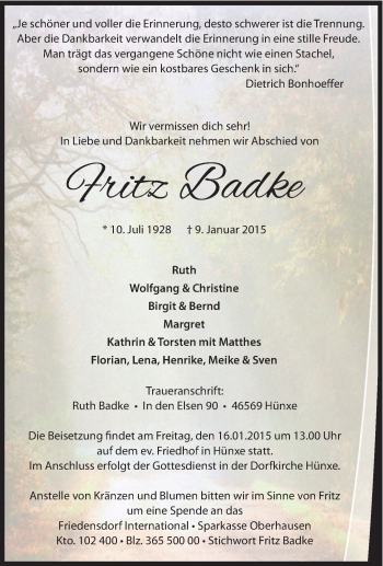 Traueranzeige von Fritz Badke von Tageszeitung