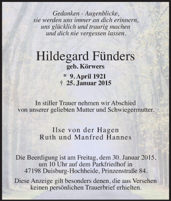 Traueranzeige von Hildegard Fünders von Tageszeitung