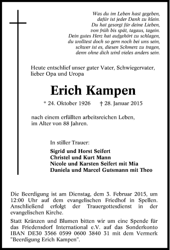 Traueranzeige von Erich Kampen von Tageszeitung