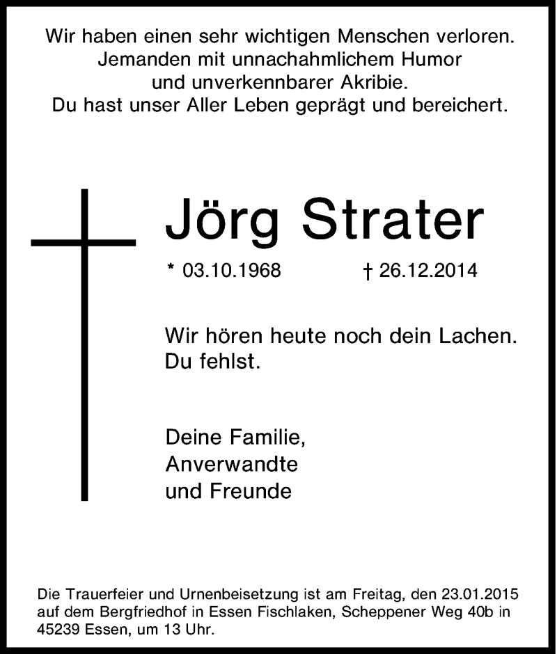  Traueranzeige für Jörg Strater vom 17.01.2015 aus Tageszeitung