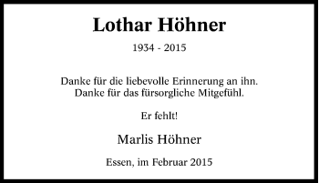 Traueranzeige von Lothar Höhner von Tageszeitung
