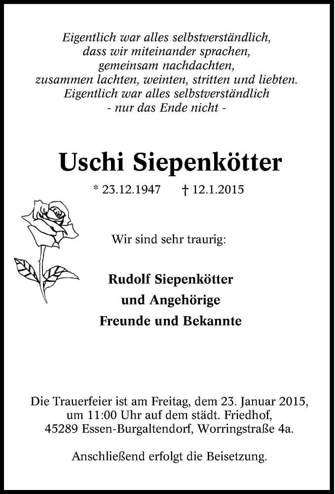  Traueranzeige für Uschi Siepenkötter vom 21.01.2015 aus Tageszeitung