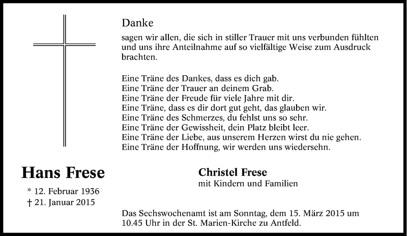 Traueranzeige für Hans Frese vom 24.01.2015 aus Tageszeitung