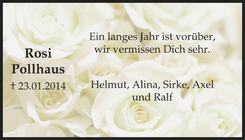  Traueranzeige für Rosi Pollhaus vom 23.01.2015 aus Tageszeitung