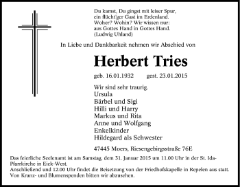 Traueranzeige von Herbert Tries von Tageszeitung