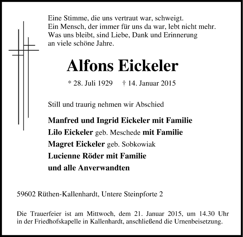  Traueranzeige für Alfons Eickeler vom 17.01.2015 aus Tageszeitung