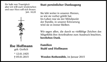 Traueranzeige von Ilse  Hoffmann  von Tageszeitung