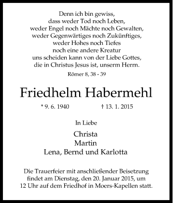 Traueranzeige von Friedhelm Habermehl von Tageszeitung