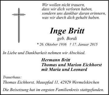 Traueranzeige von Inge Britt von Tageszeitung