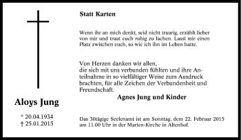 Traueranzeige von Aloys Jung von Tageszeitung