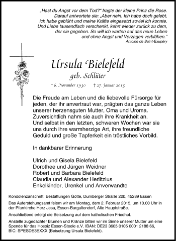 Traueranzeige von Ursula Bielefeld von Tageszeitung