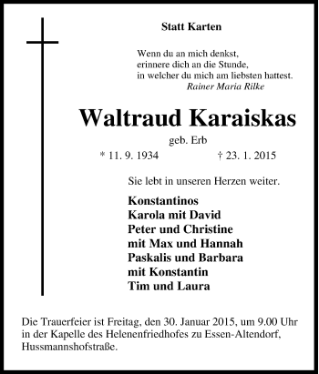 Traueranzeige von Waltraud Karaiskas von Tageszeitung