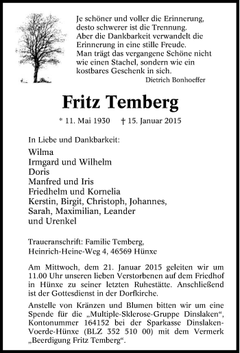 Traueranzeige von Fritz Temberg von Tageszeitung