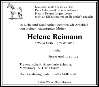 Traueranzeige von Helene Reimann von Tageszeitung