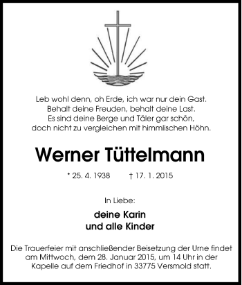 Traueranzeige von Werner Tüttelmann von Tageszeitung