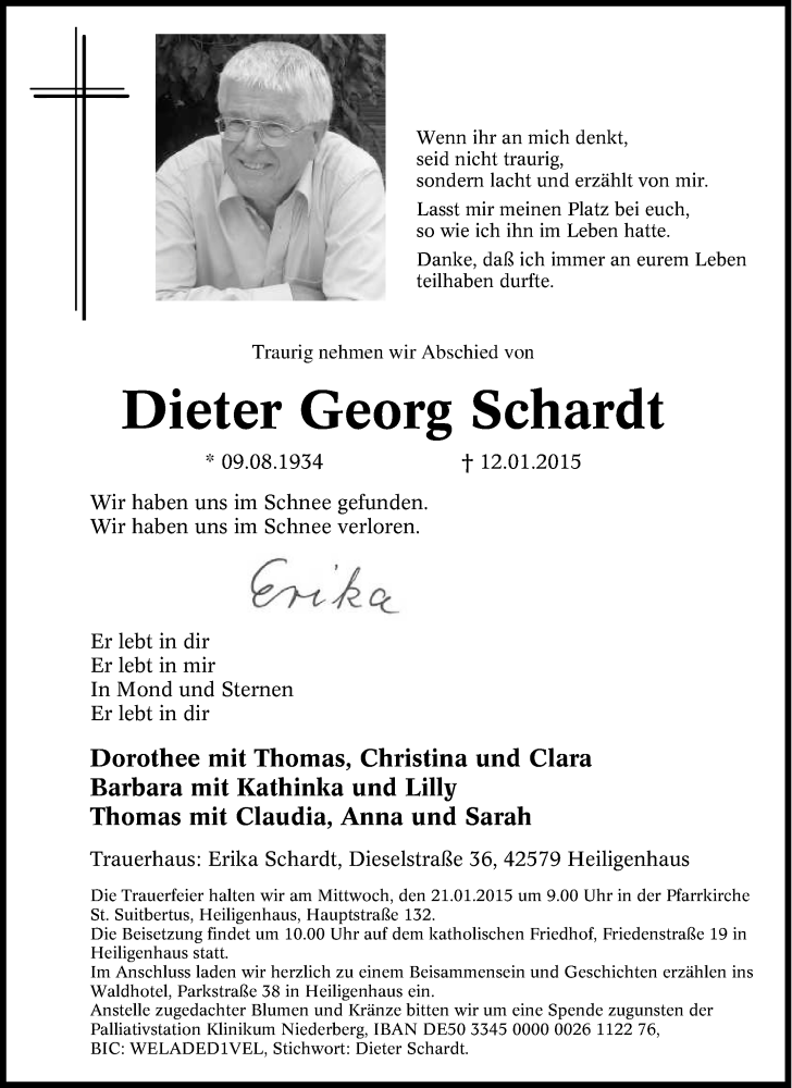  Traueranzeige für Dieter Georg  Schardt vom 17.01.2015 aus Tageszeitung