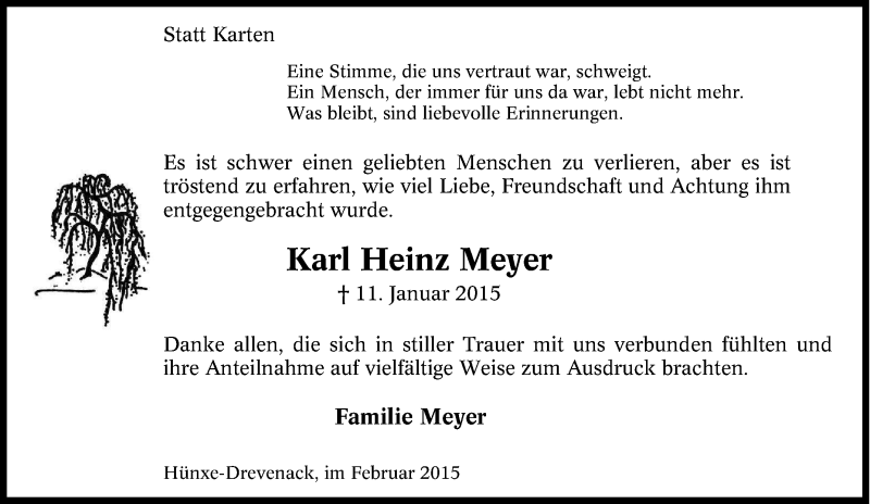  Traueranzeige für Karl Heinz  Meyer vom 14.01.2015 aus Tageszeitung
