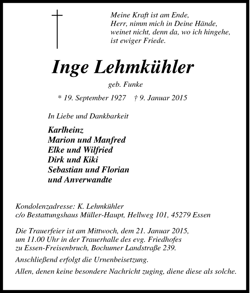  Traueranzeige für Inge Lehmkühler vom 17.01.2015 aus Tageszeitung