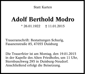 Traueranzeige von Adolf Berthold  Modro von Tageszeitung