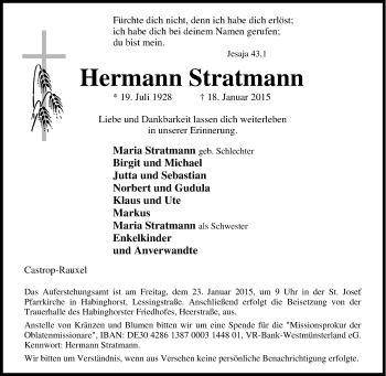 Traueranzeige von Hermann Stratmann von Tageszeitung