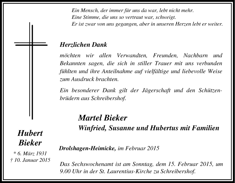  Traueranzeige für Hubert Bieker vom 12.01.2015 aus Tageszeitung