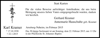 Traueranzeigen von Karl Kramer TrauerinNRW.de