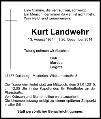 Traueranzeige von Kurt Landwehr von Tageszeitung