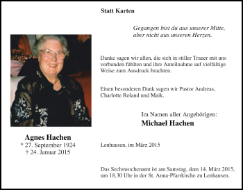Traueranzeige von Agnes Hachen von Tageszeitung